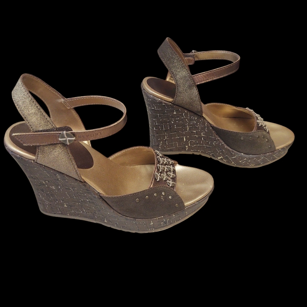 Preloved Report Metallic Bronze Wedge Sandals Size 9 - Picture 3 of 9